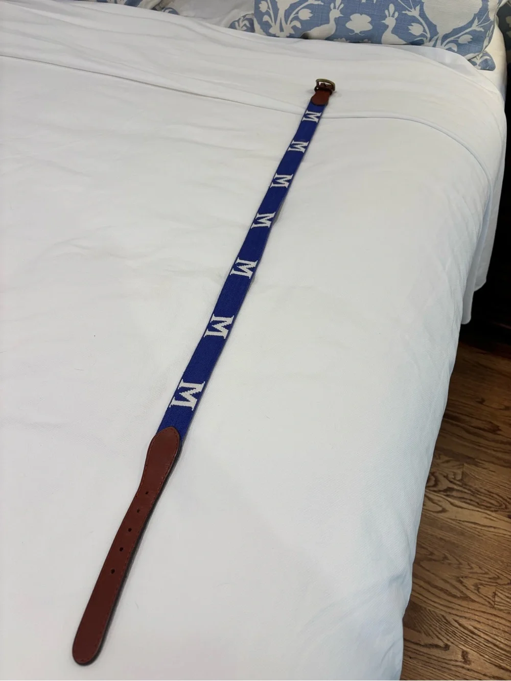 Blue needlepoint Belt with Brown Leather Trim and Brass Buckle